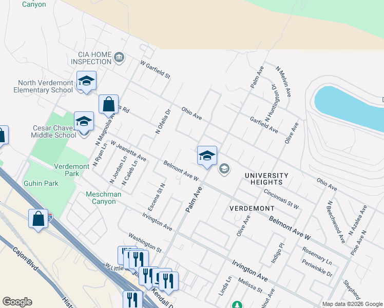 map of restaurants, bars, coffee shops, grocery stores, and more near 6640 North Ridgeline Avenue in San Bernardino