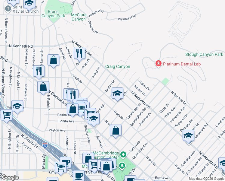 map of restaurants, bars, coffee shops, grocery stores, and more near 2038 Richard Street in Burbank