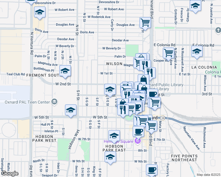 map of restaurants, bars, coffee shops, grocery stores, and more near 201 South D Street in Oxnard