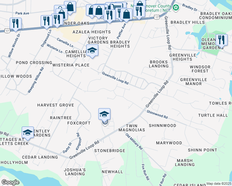 map of restaurants, bars, coffee shops, grocery stores, and more near 6001 Shinnwood Road in Wilmington