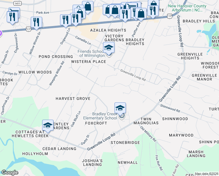 map of restaurants, bars, coffee shops, grocery stores, and more near 5743 Ruxton Way in Wilmington