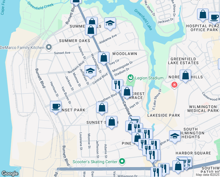map of restaurants, bars, coffee shops, grocery stores, and more near 2134 Washington Street in Wilmington