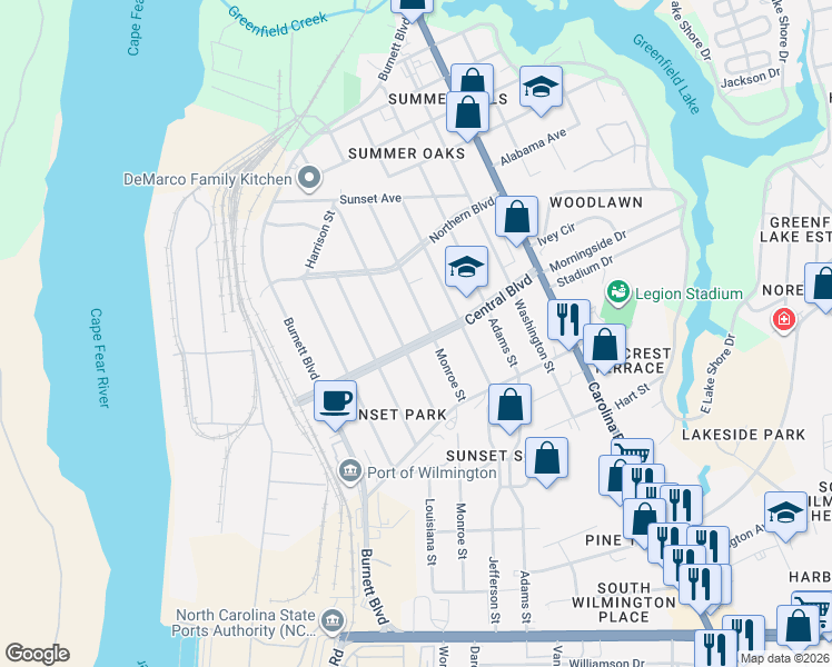 map of restaurants, bars, coffee shops, grocery stores, and more near 2053 Jackson Street in Wilmington
