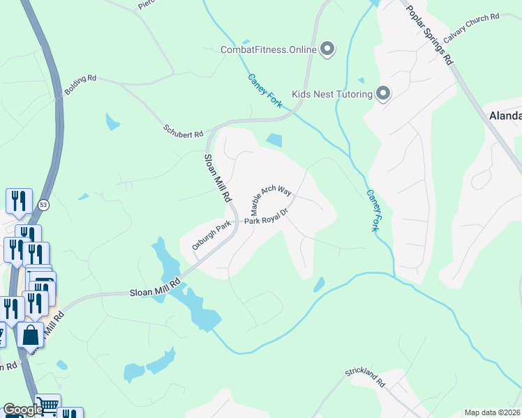 map of restaurants, bars, coffee shops, grocery stores, and more near 4310 Marble Arch Way in Flowery Branch