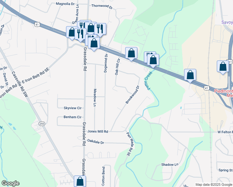 map of restaurants, bars, coffee shops, grocery stores, and more near 8 Oak Hill Circle in Cartersville