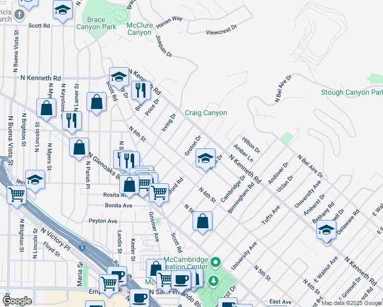 map of restaurants, bars, coffee shops, grocery stores, and more near 638 Groton Drive in Burbank