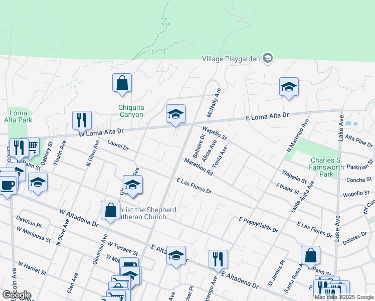 map of restaurants, bars, coffee shops, grocery stores, and more near 3296 Fair Oaks Avenue in Altadena
