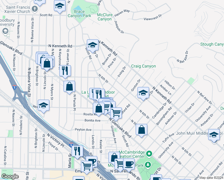 map of restaurants, bars, coffee shops, grocery stores, and more near 532 Irving Drive in Burbank