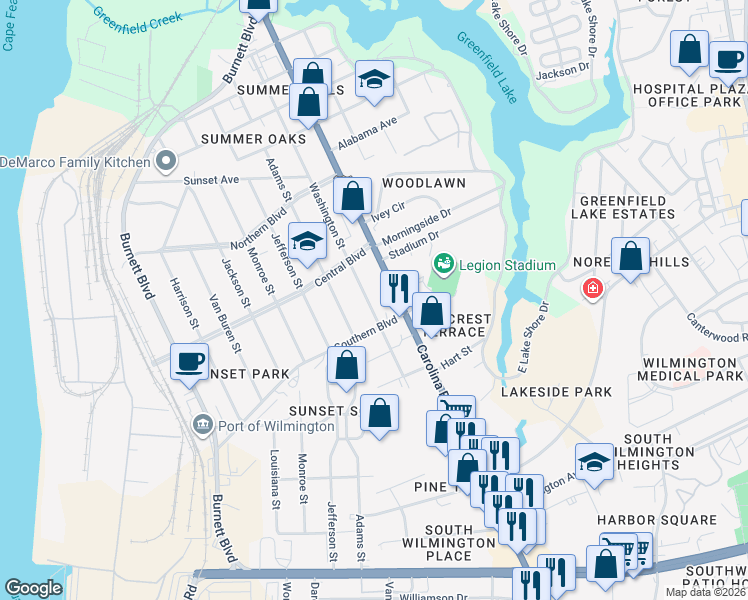 map of restaurants, bars, coffee shops, grocery stores, and more near 2134 Washington Street in Wilmington