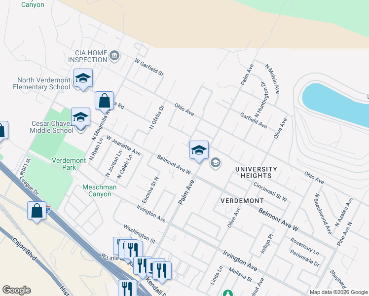 map of restaurants, bars, coffee shops, grocery stores, and more near 6640 North Ridgeline Avenue in San Bernardino