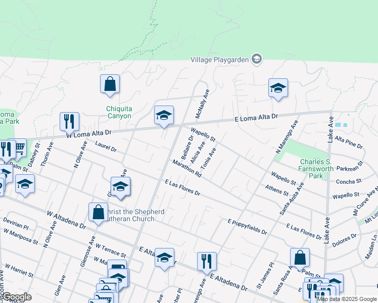 map of restaurants, bars, coffee shops, grocery stores, and more near 3318 Bellaire Drive in Altadena