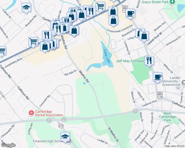 map of restaurants, bars, coffee shops, grocery stores, and more near 112 Cedar Drive South in Greenwood