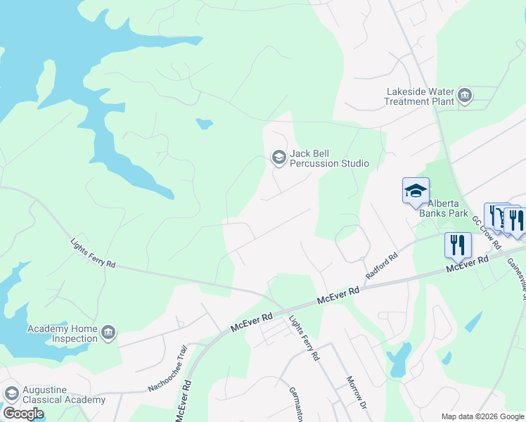 map of restaurants, bars, coffee shops, grocery stores, and more near 6607 Blue Cove Drive in Flowery Branch