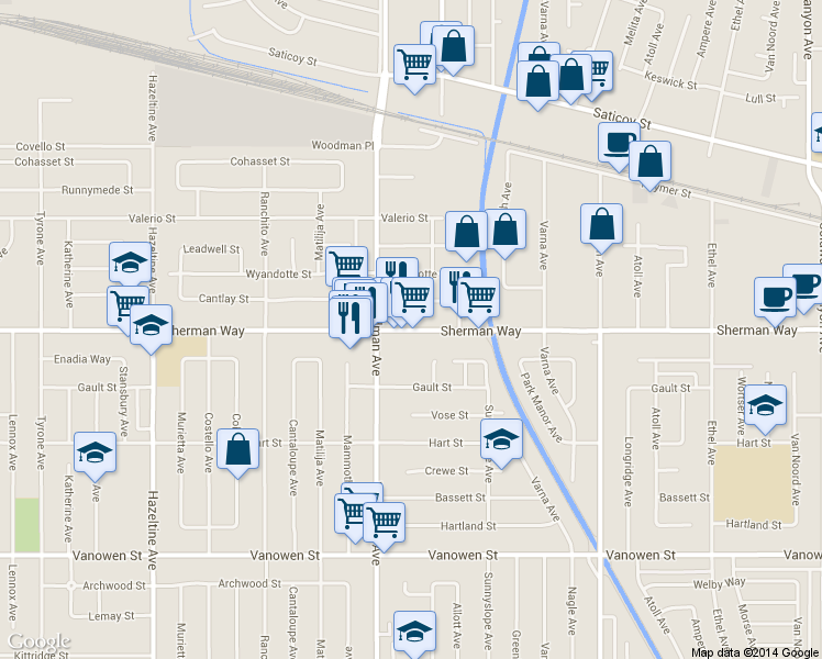 map of restaurants, bars, coffee shops, grocery stores, and more near 13613 Sherman Way in Los Angeles