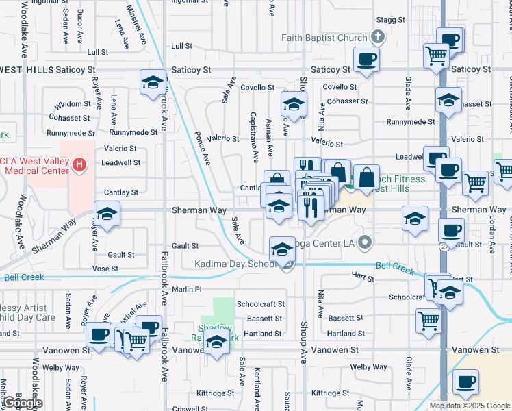 map of restaurants, bars, coffee shops, grocery stores, and more near 22525 Sherman Way in Los Angeles