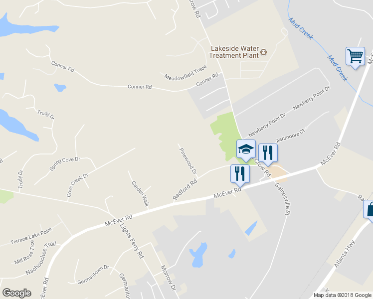map of restaurants, bars, coffee shops, grocery stores, and more near 5638 Pinewood Drive in Flowery Branch
