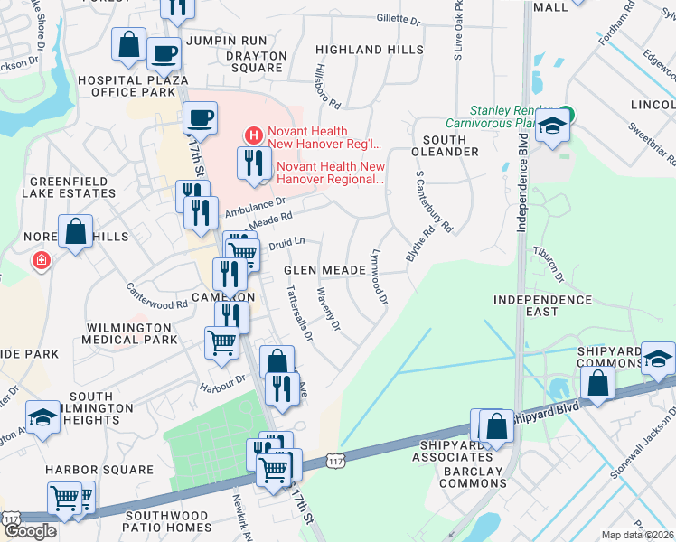 map of restaurants, bars, coffee shops, grocery stores, and more near 2224 Parham Drive in Wilmington