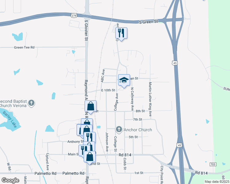 map of restaurants, bars, coffee shops, grocery stores, and more near 164-198 East 10th Street in Tupelo