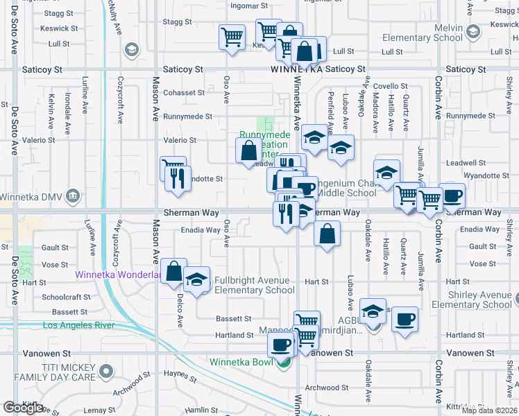 map of restaurants, bars, coffee shops, grocery stores, and more near 20211 Sherman Way in Los Angeles