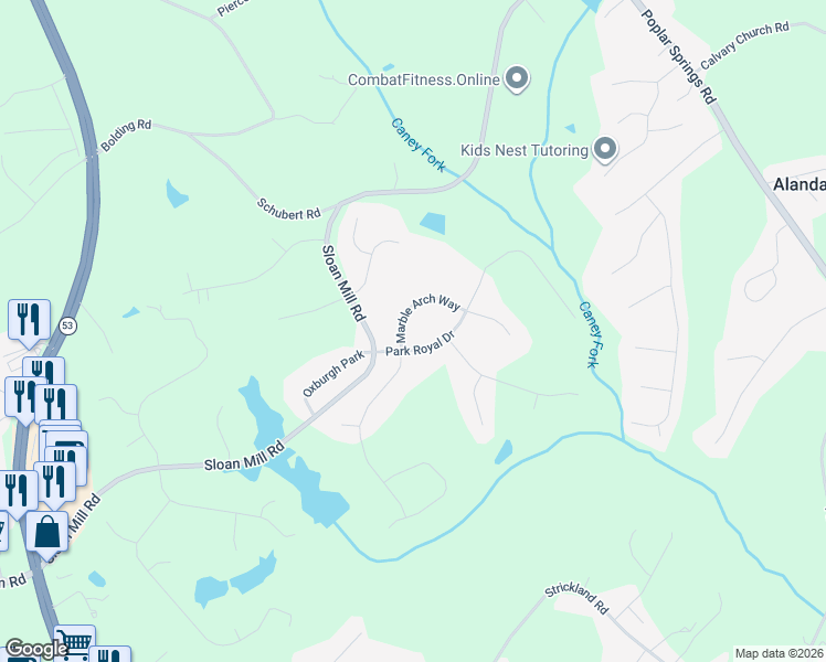 map of restaurants, bars, coffee shops, grocery stores, and more near 4310 Marble Arch Way in Flowery Branch