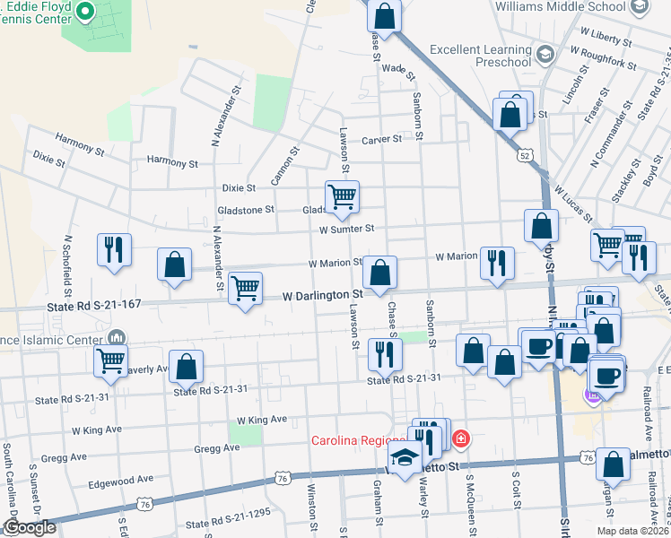 map of restaurants, bars, coffee shops, grocery stores, and more near 709 West Marion Street in Florence