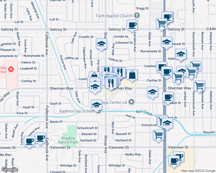map of restaurants, bars, coffee shops, grocery stores, and more near 22375 Sherman Way in Los Angeles