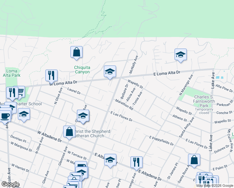 map of restaurants, bars, coffee shops, grocery stores, and more near 3296 Fair Oaks Avenue in Altadena