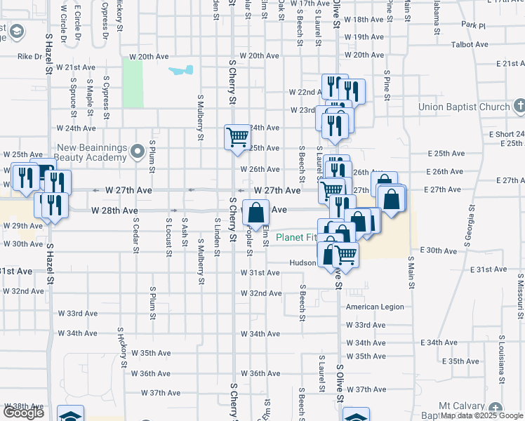 map of restaurants, bars, coffee shops, grocery stores, and more near 2800 South Elm Street in Pine Bluff