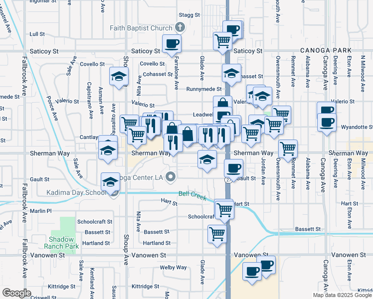 map of restaurants, bars, coffee shops, grocery stores, and more near 22139 Sherman Way in Los Angeles