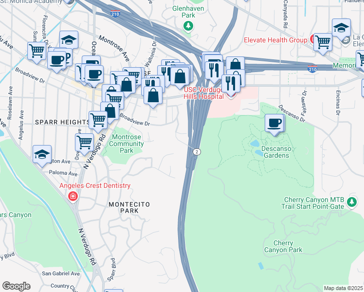 map of restaurants, bars, coffee shops, grocery stores, and more near 3449 Stancrest Drive in Glendale