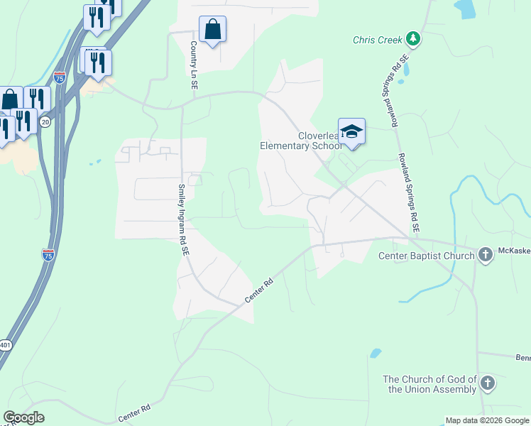 map of restaurants, bars, coffee shops, grocery stores, and more near 21 West Ridge Drive Southeast in Cartersville