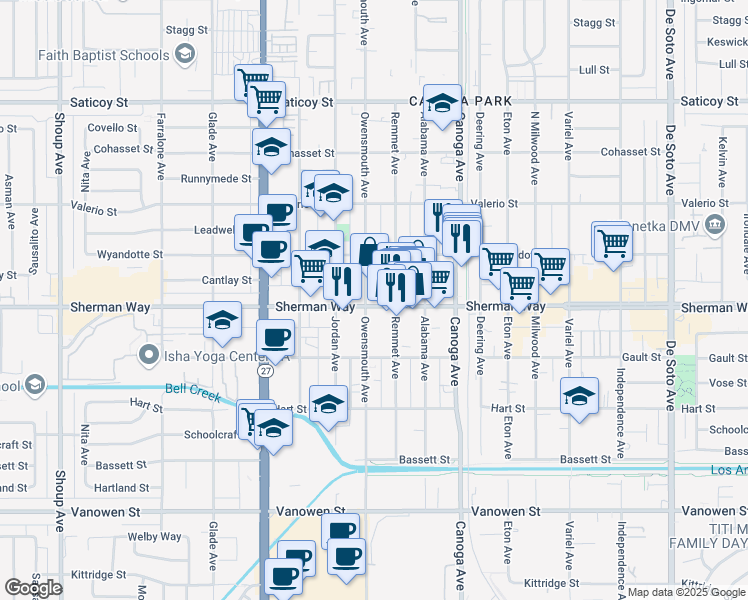 map of restaurants, bars, coffee shops, grocery stores, and more near 21601 Sherman Way in Los Angeles