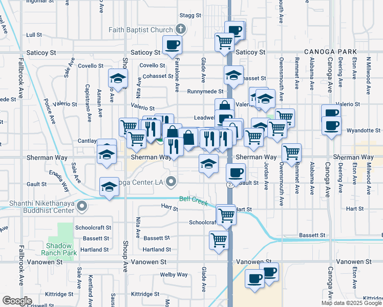 map of restaurants, bars, coffee shops, grocery stores, and more near 22139 Sherman Way in Los Angeles