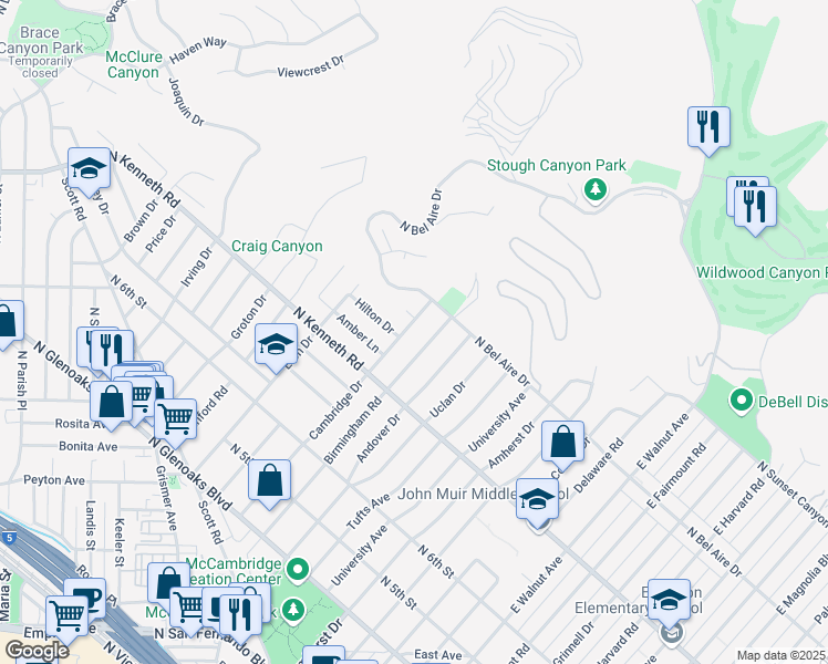 map of restaurants, bars, coffee shops, grocery stores, and more near 912 Cambridge Drive in Burbank