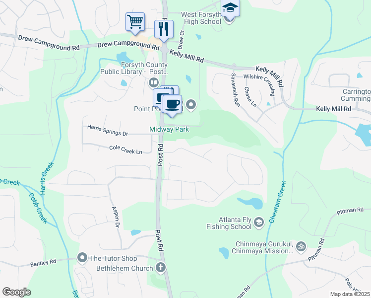 map of restaurants, bars, coffee shops, grocery stores, and more near 5215 Jonathans Way in Cumming