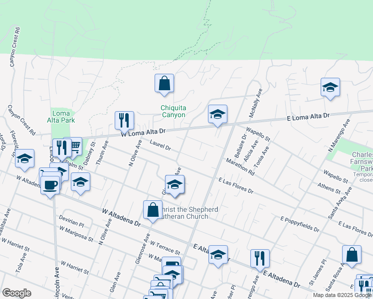 map of restaurants, bars, coffee shops, grocery stores, and more near 3352 Glenrose Avenue in Altadena