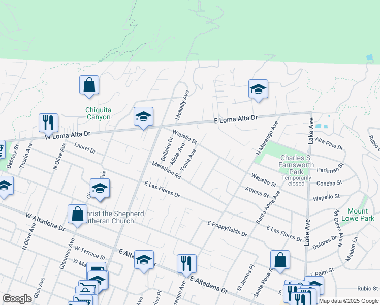 map of restaurants, bars, coffee shops, grocery stores, and more near 3349 Tonia Avenue in Altadena