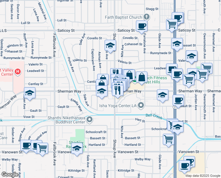 map of restaurants, bars, coffee shops, grocery stores, and more near 22421 Sherman Way in Los Angeles