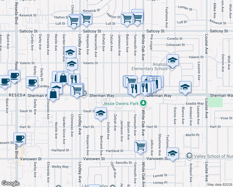 map of restaurants, bars, coffee shops, grocery stores, and more near 17845 Sherman Way in Los Angeles