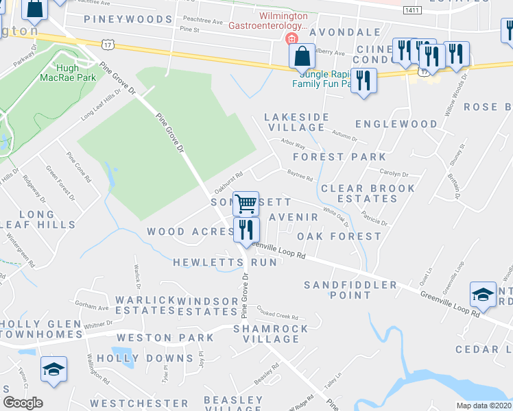 map of restaurants, bars, coffee shops, grocery stores, and more near 5160 Somerset Lane in Wilmington