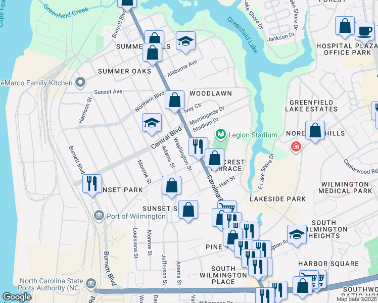 map of restaurants, bars, coffee shops, grocery stores, and more near 2133-2171 Carolina Beach Road in Wilmington