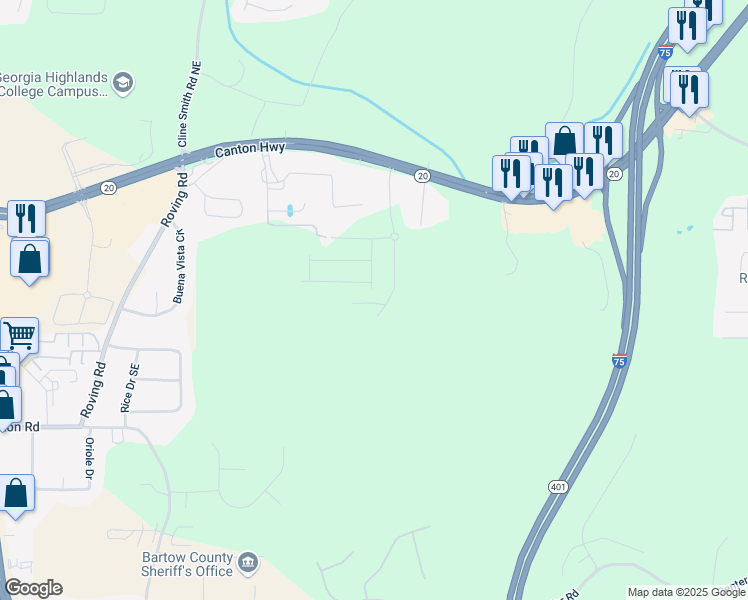 map of restaurants, bars, coffee shops, grocery stores, and more near 306 Skye Lane in Cartersville