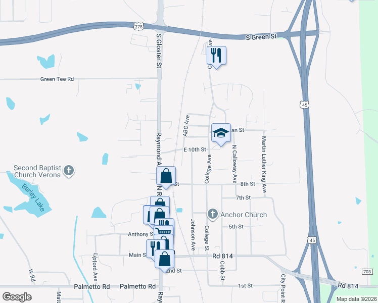 map of restaurants, bars, coffee shops, grocery stores, and more near 148-162 East 10th Street in Tupelo