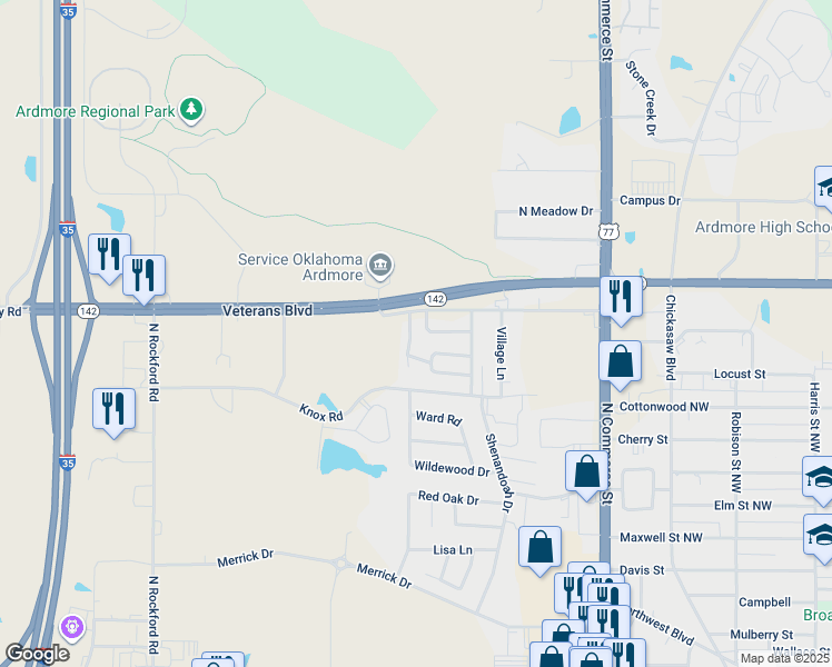 map of restaurants, bars, coffee shops, grocery stores, and more near 2410 Cimmaron Drive in Ardmore