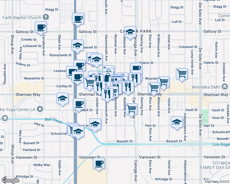 map of restaurants, bars, coffee shops, grocery stores, and more near 21601 Sherman Way in Los Angeles