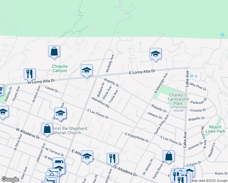map of restaurants, bars, coffee shops, grocery stores, and more near 3349 Tonia Avenue in Altadena