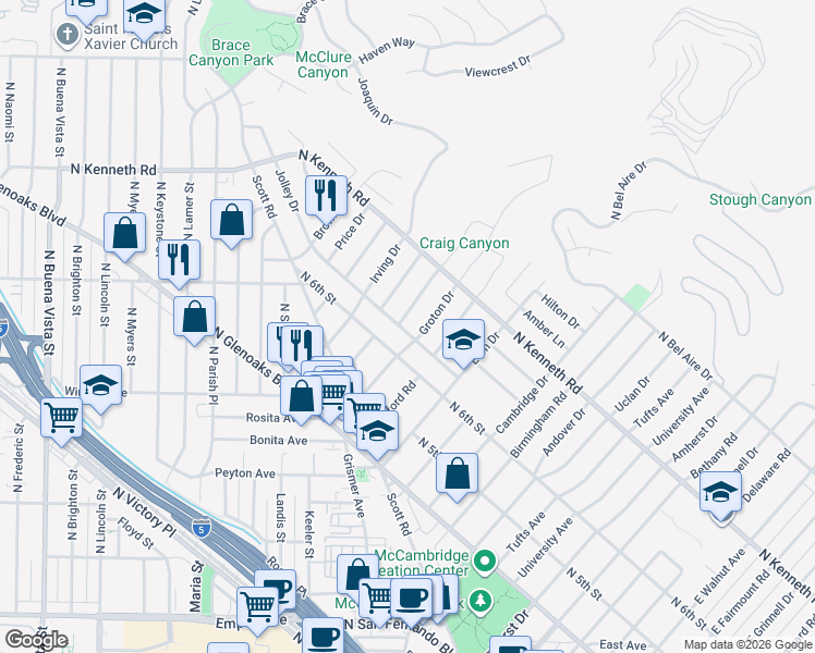 map of restaurants, bars, coffee shops, grocery stores, and more near 620 Stephen Road in Burbank