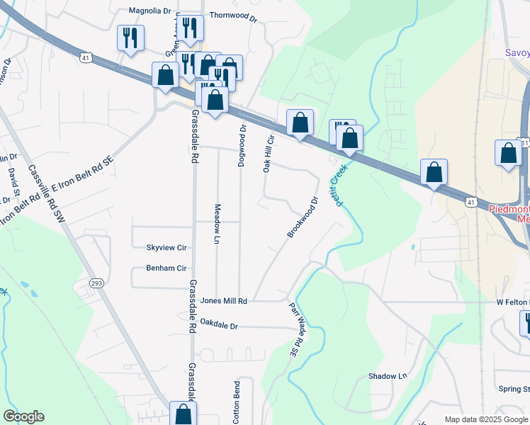 map of restaurants, bars, coffee shops, grocery stores, and more near 8 Oak Hill Circle in Cartersville