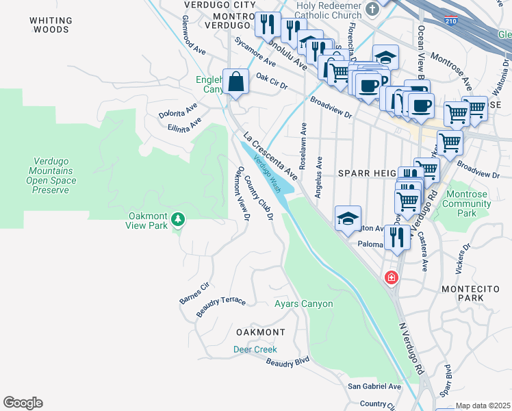 map of restaurants, bars, coffee shops, grocery stores, and more near 3401 Country Club Drive in Glendale