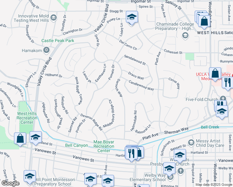 map of restaurants, bars, coffee shops, grocery stores, and more near 7215 Darnoch Way in Los Angeles